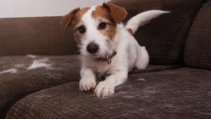 a puppy with dog hair on couch